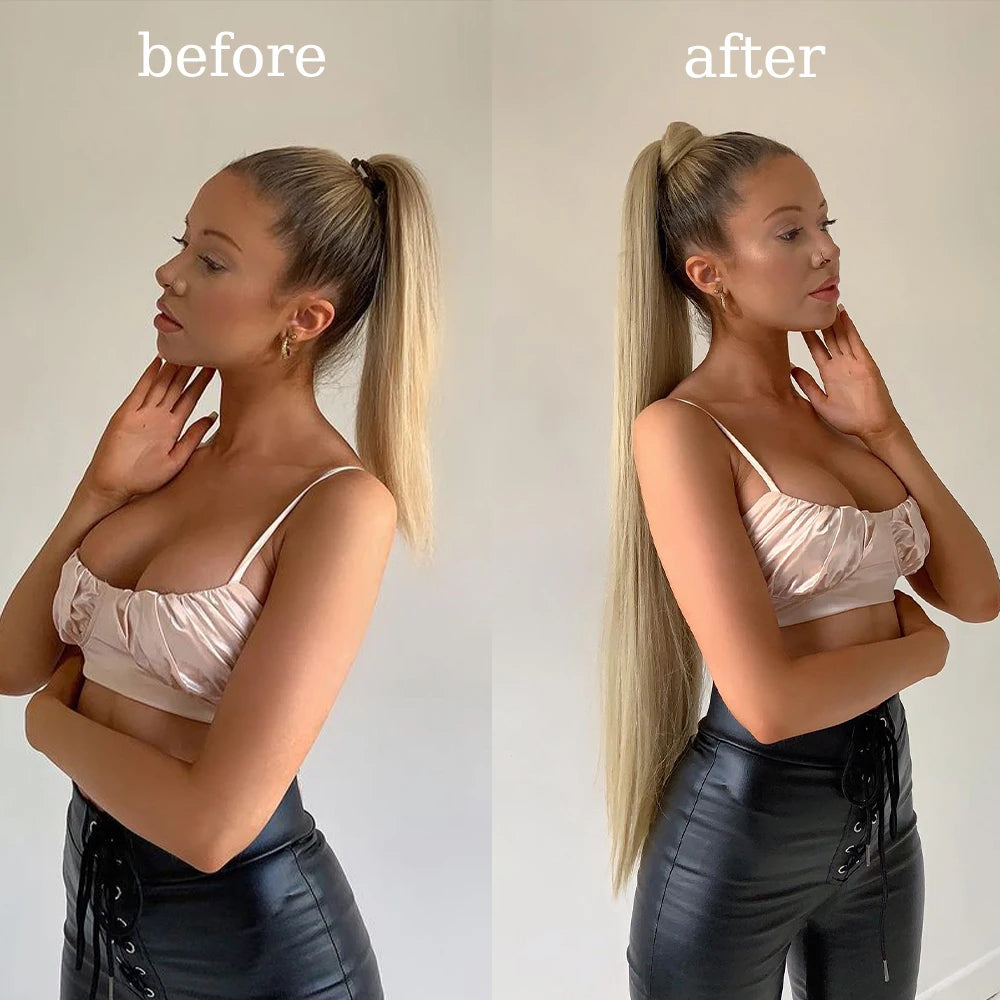 Syntetisk lång rak omlott klämma i hästsvans hårförlängning - Beauty 4 Us