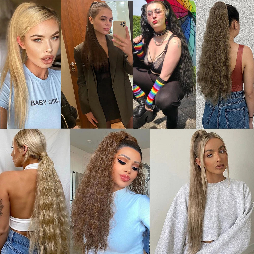 Syntetisk lång rak omlott klämma i hästsvans hårförlängning - Beauty 4 Us
