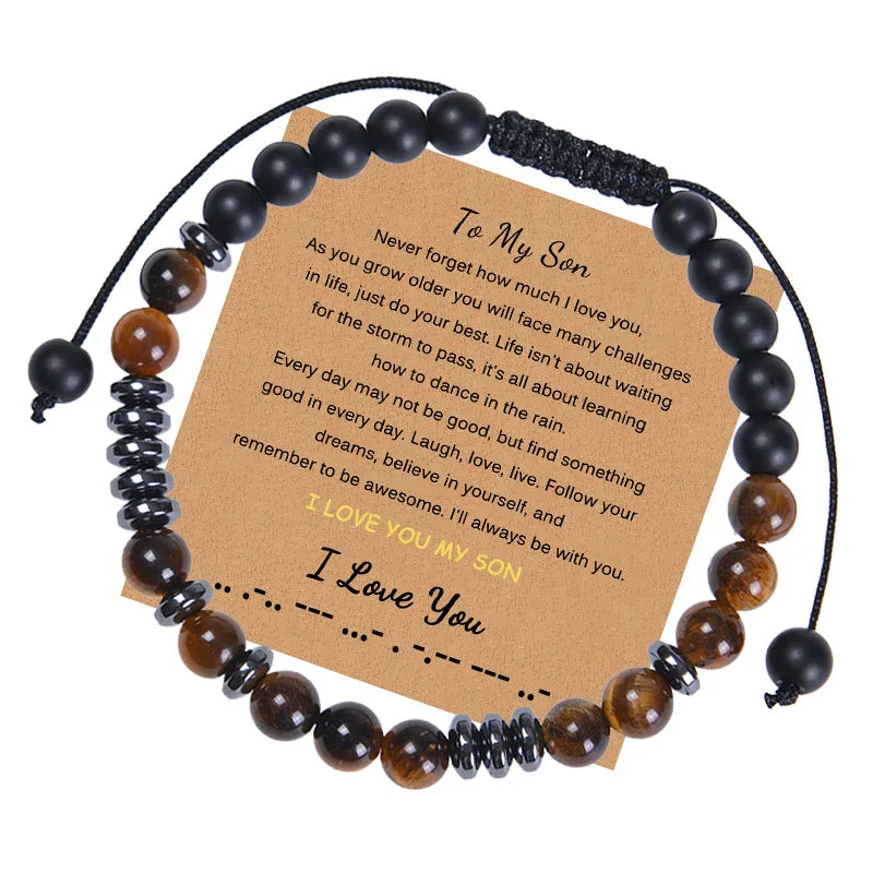 Morse Code Bracelet Letter Natural Tiger Eye Stone Adjustable Handmade Braided Card Bead Bracelet