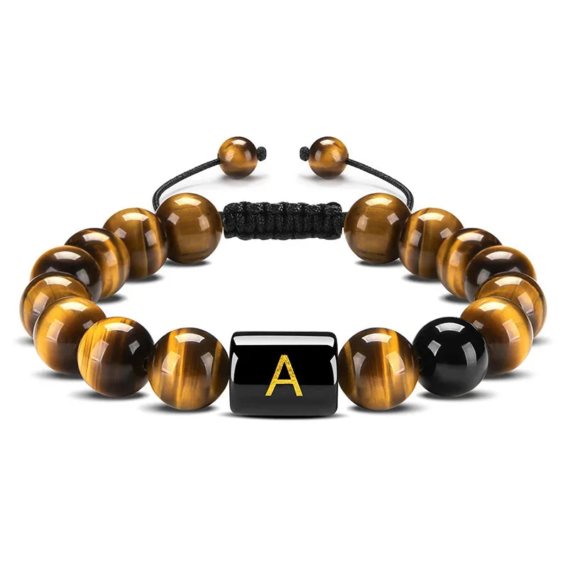Handmade Adjustable A-Z Initials Bracelet 10MM Natural Stone Black Onyx Tiger