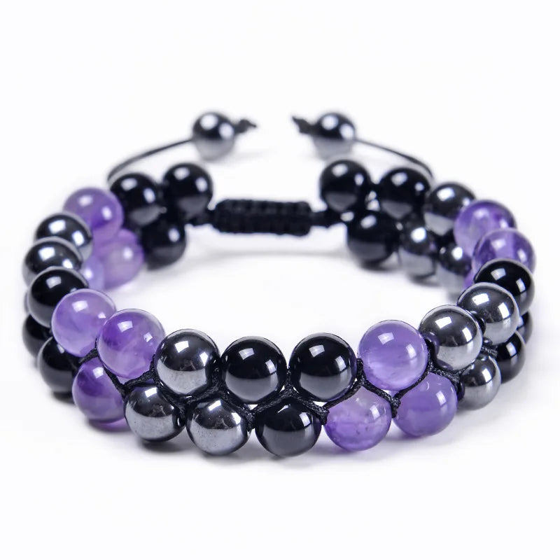 Natural Stone Amethyst Double Layer Handmade Adjustable Elastic Black Magnet Beaded Bracelet