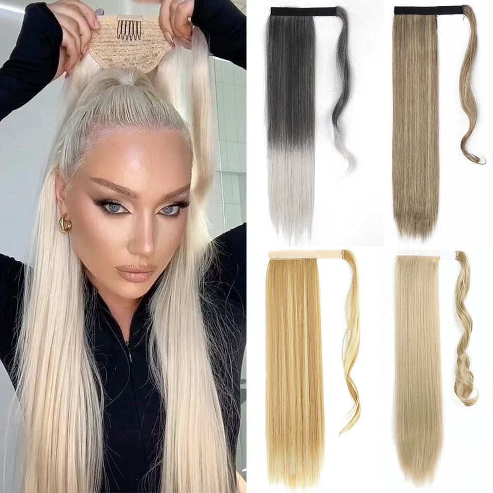 55cm Synthetic Lång Rak Wrap Around Ponytail Clip In Hair Extension