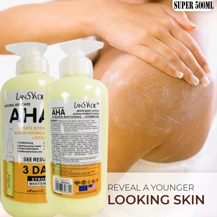 500ml AHA Whitening Body Lotion ALPHA Hydroxy Syror+Vitamin C&E