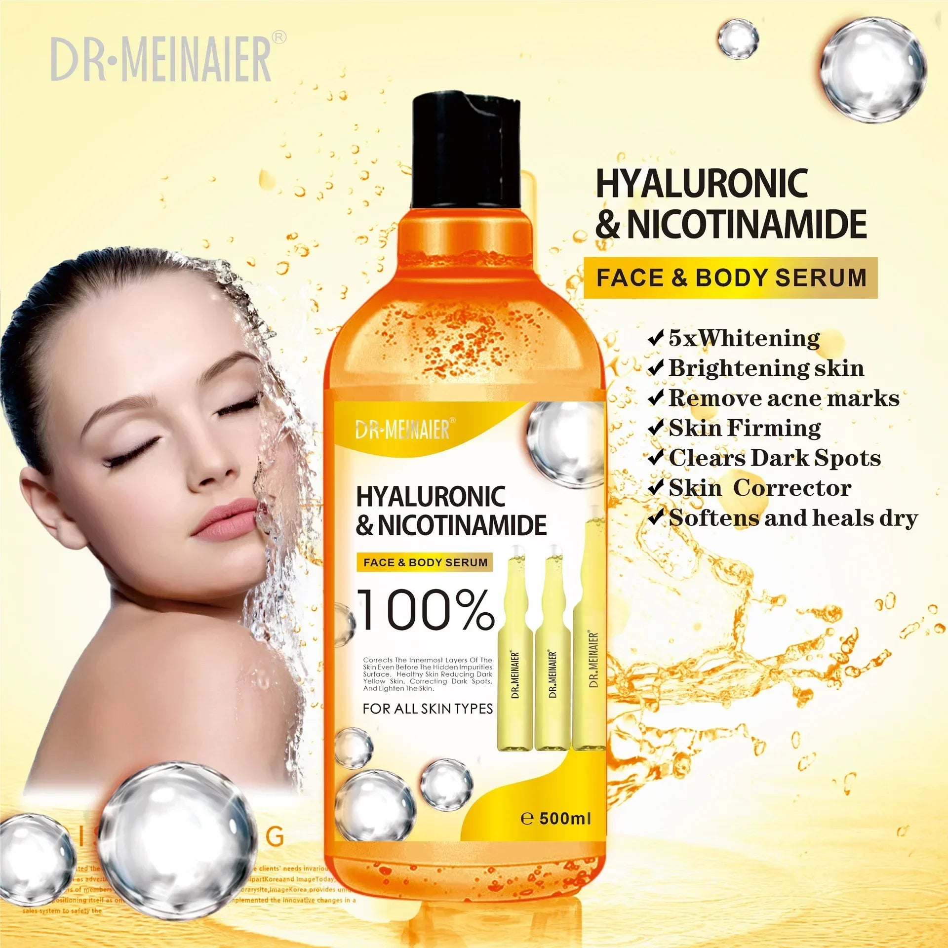 500ml Hyaluronic Acid, Nicotinamide Vitamin C AHA Face Serum Spots Eraser Corrector Whitening Moisturizing Lightening Body Serum - Beauty 4 Us