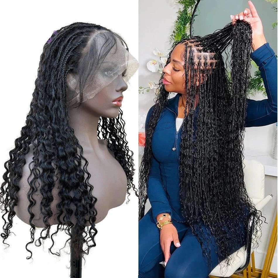 Human Hair Knotless Braided Wig Bohemian Full Lace 300% High Density Pre Plucked With Baby Hair Box Braids Wigs