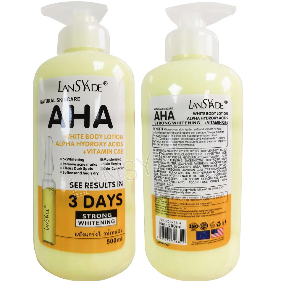 500ml AHA Whitening Body Lotion ALPHA Hydroxy Syror+Vitamin C&E