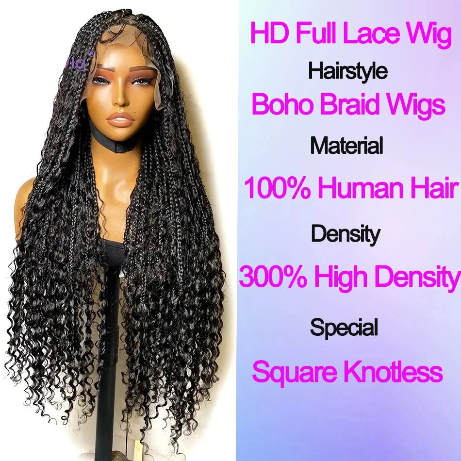 Human Hair Knotless Braided Wig Bohemian Full Lace 300% High Density Pre Plucked With Baby Hair Box Braids Wigs