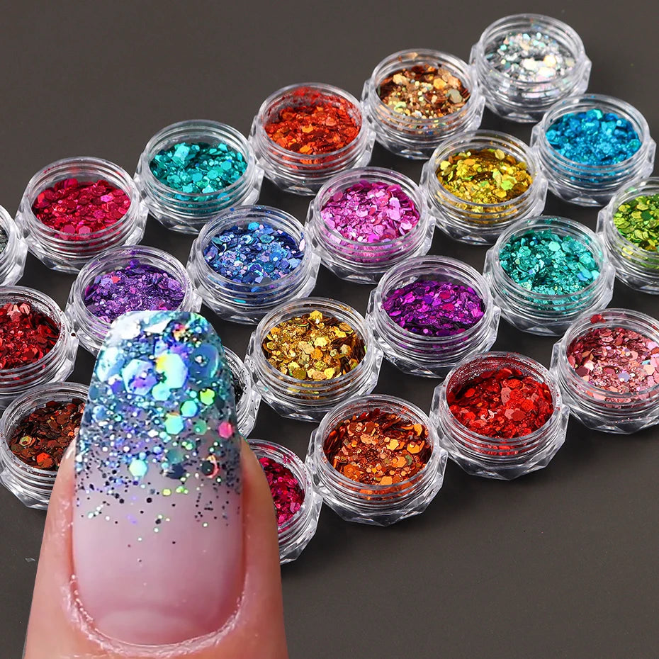 24 färger iriserande nageldekoration glitter paljetter set holografiska